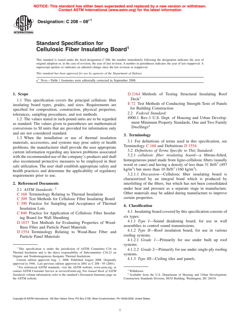 ASTM C208-08e1 - Standard Specification for Cellulosic Fiber Insulating Board