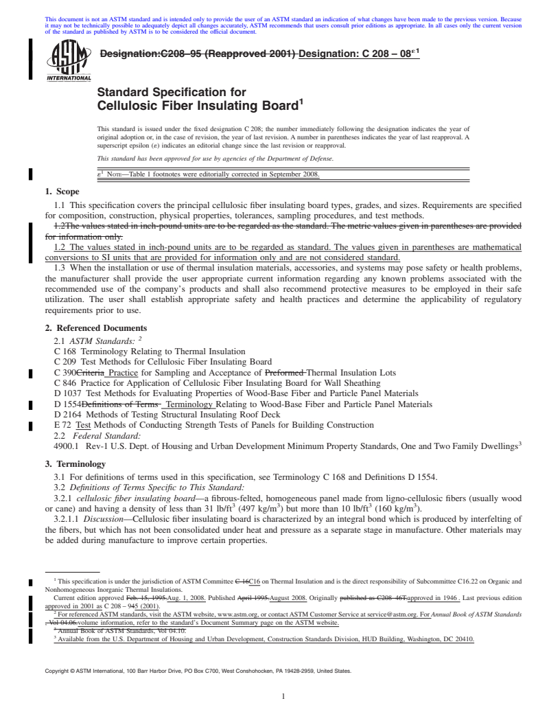 REDLINE ASTM C208-08e1 - Standard Specification for Cellulosic Fiber Insulating Board