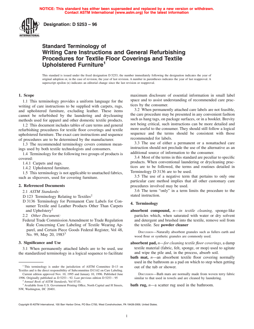 ASTM D5253-96 - Standard Terminology of Writing Care Instructions and General Refurbishing Procedures for Textile Floor Coverings and Textile Upholstered Furniture