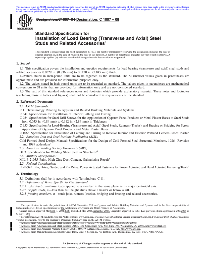 REDLINE ASTM C1007-08 - Standard Specification for  Installation of Load Bearing (Transverse and Axial) Steel Studs and Related Accessories