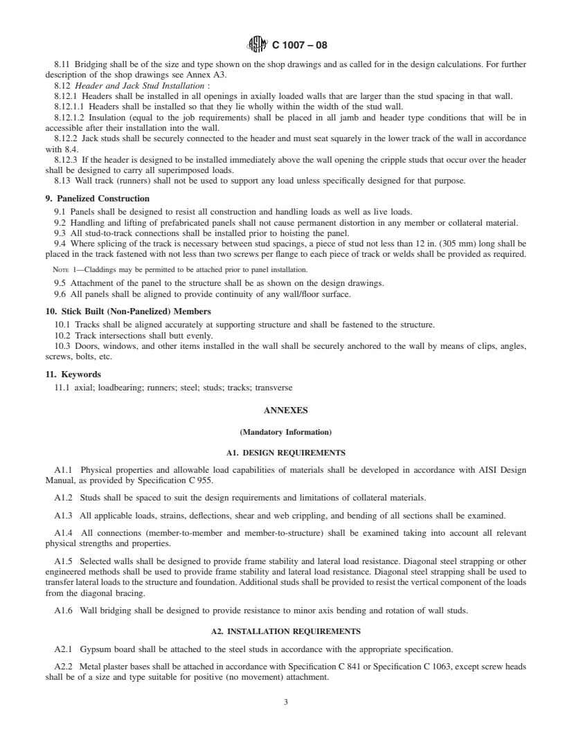 REDLINE ASTM C1007-08 - Standard Specification for  Installation of Load Bearing (Transverse and Axial) Steel Studs and Related Accessories