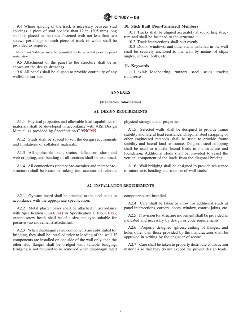 ASTM C1007-08 - Standard Specification for  Installation of Load Bearing (Transverse and Axial) Steel Studs and Related Accessories