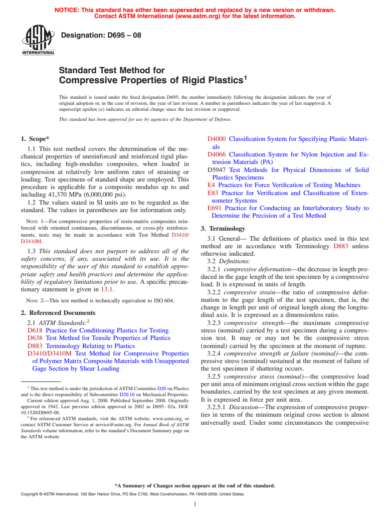 ASTM D695-08 - Standard Test Method for  Compressive Properties of Rigid Plastics