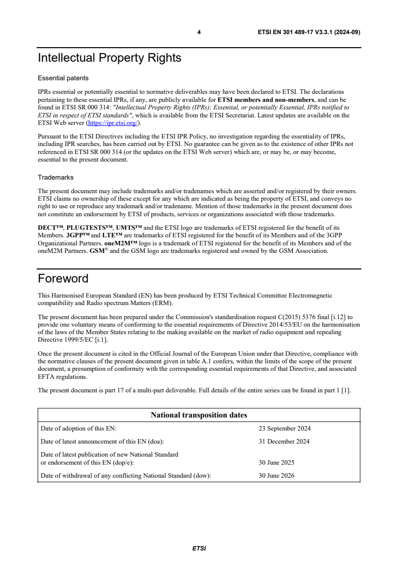 SIST EN 301 489-17 V3.3.1:2024 ETSI EN 301 489-17 V3.3.1 (2024-09) - ElectroMagnetic Compatibility (EMC) standard for radio equipment and services; Part 17: Specific conditions for Broadband and Wideband Data Transmission Systems; Harmonised Standard for ElectroMagnetic Compatibility - Page 4 preview