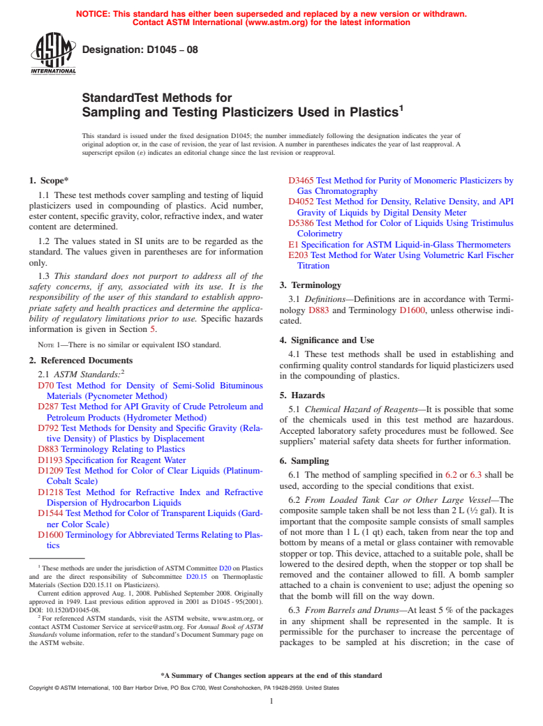 ASTM D1045-08 - Standard Test Methods for  Sampling and Testing Plasticizers Used in Plastics