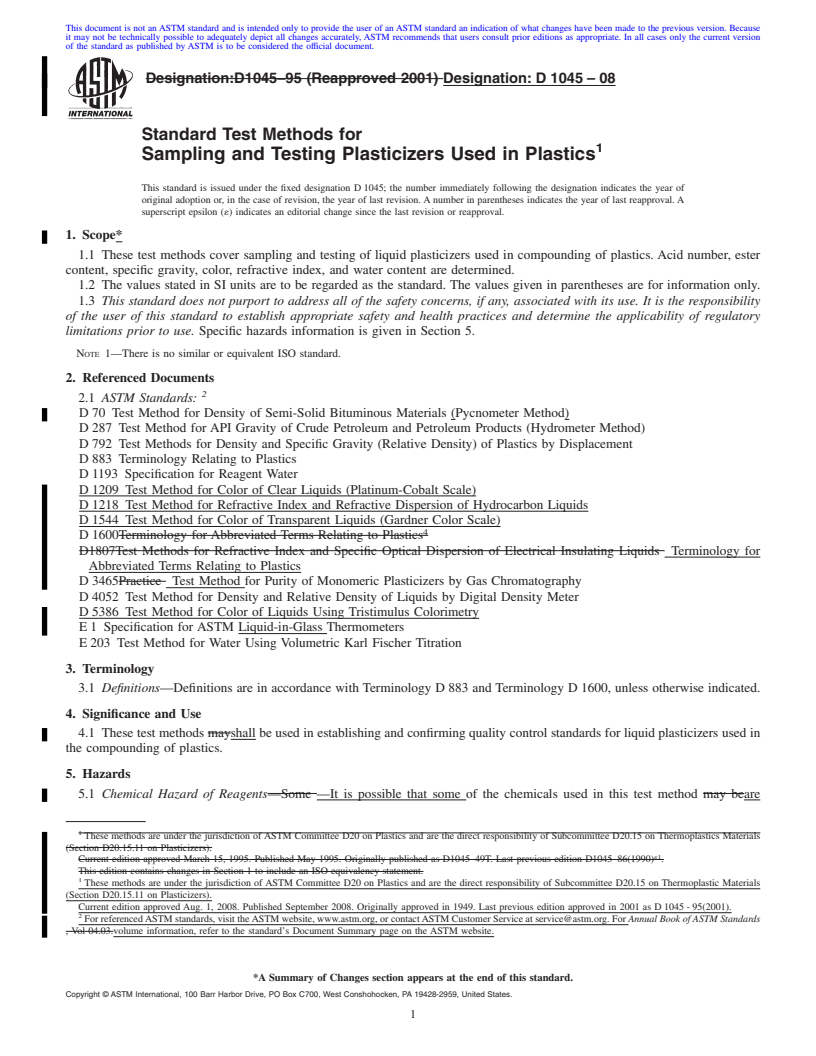 REDLINE ASTM D1045-08 - Standard Test Methods for  Sampling and Testing Plasticizers Used in Plastics