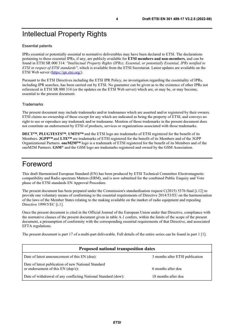 SIST EN 301 489-17 V3.3.1:2024 ETSI EN 301 489-17 V3.2.5 (2022-08) - ElectroMagnetic Compatibility (EMC) standard for radio equipment and services; Part 17: Specific conditions for Broadband and Wideband Data Transmission Systems; Harmonised Standard for ElectroMagnetic Compatibility - Page 4 preview