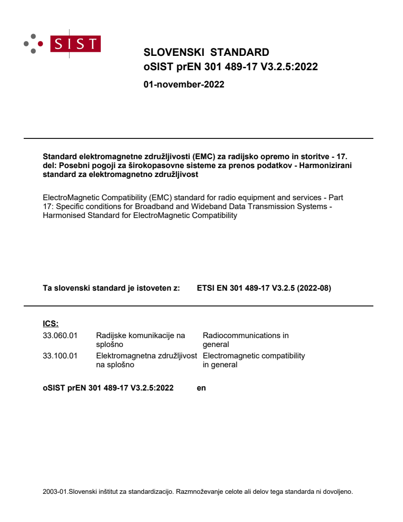 oSIST prEN 301 489-17 V3.2.5:2022