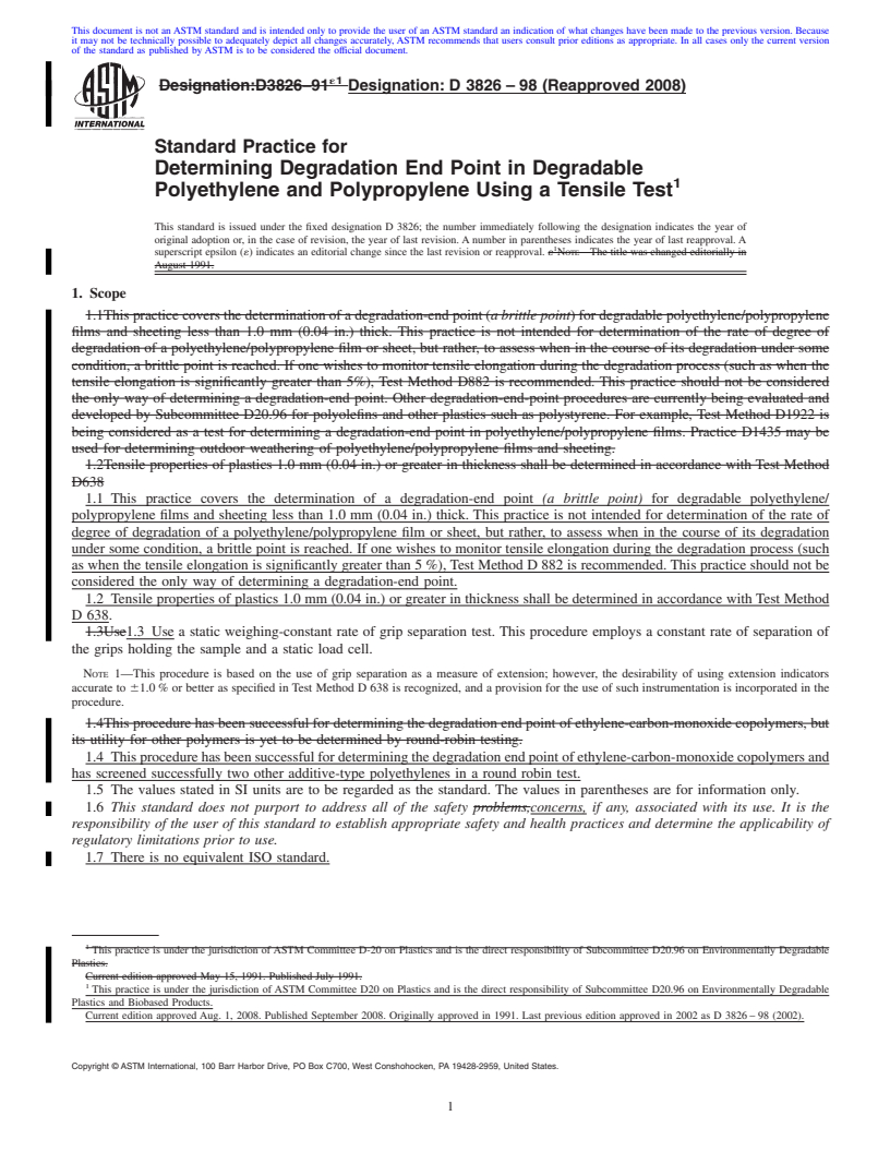 REDLINE ASTM D3826-98(2008) - Standard Practice for Determining Degradation End Point in Degradable Polyethylene and Polypropylene Using a Tensile Test