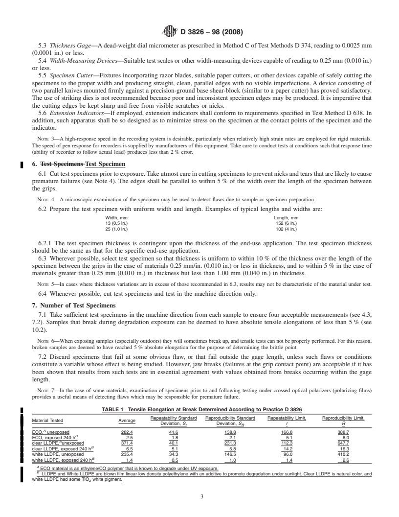 REDLINE ASTM D3826-98(2008) - Standard Practice for Determining Degradation End Point in Degradable Polyethylene and Polypropylene Using a Tensile Test