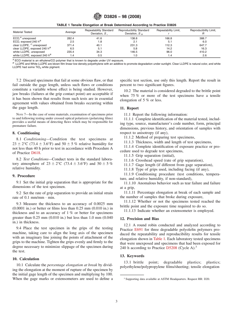 ASTM D3826-98(2008) - Standard Practice for Determining Degradation End Point in Degradable Polyethylene and Polypropylene Using a Tensile Test