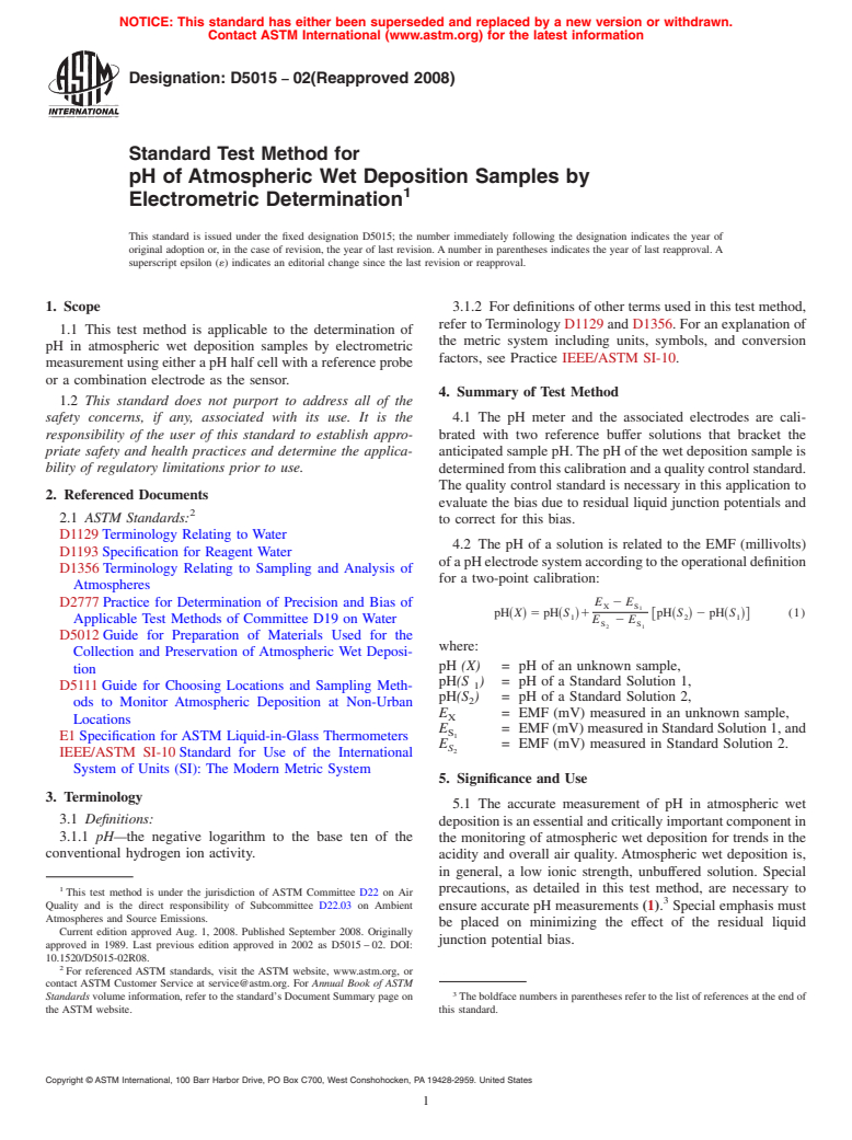 ASTM D5015-02(2008) - Standard Test Method for pH of Atmospheric Wet Deposition Samples by Electrometric Determination