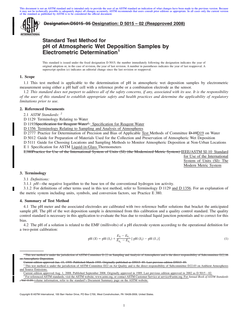 REDLINE ASTM D5015-02(2008) - Standard Test Method for pH of Atmospheric Wet Deposition Samples by Electrometric Determination