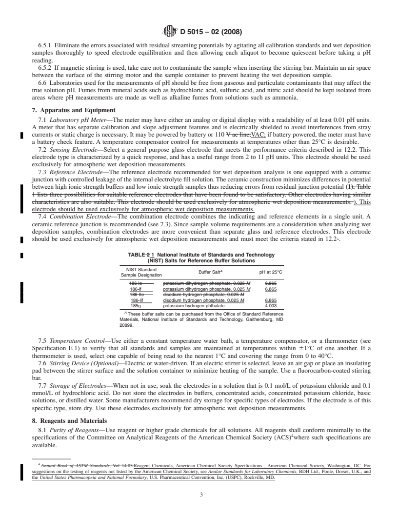 REDLINE ASTM D5015-02(2008) - Standard Test Method for pH of Atmospheric Wet Deposition Samples by Electrometric Determination