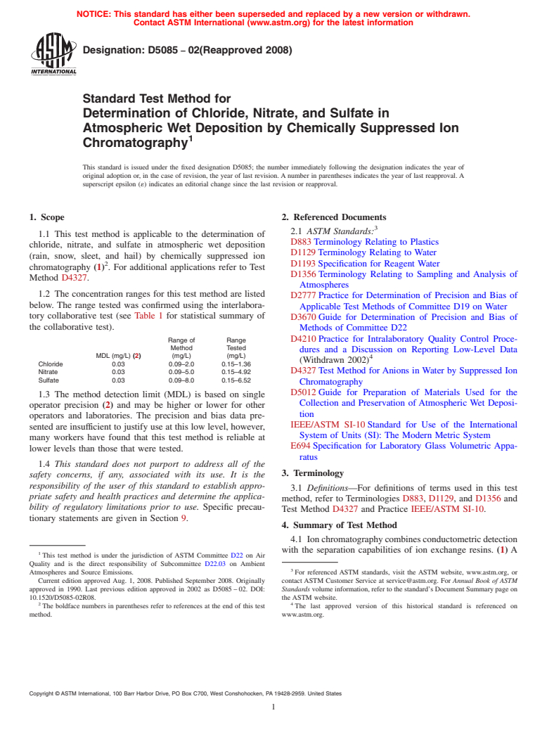 ASTM D5085-02(2008) - Standard Test Method for Determination of Chloride, Nitrate, and Sulfate in Atmospheric Wet Deposition by Chemically Suppressed Ion Chromatography