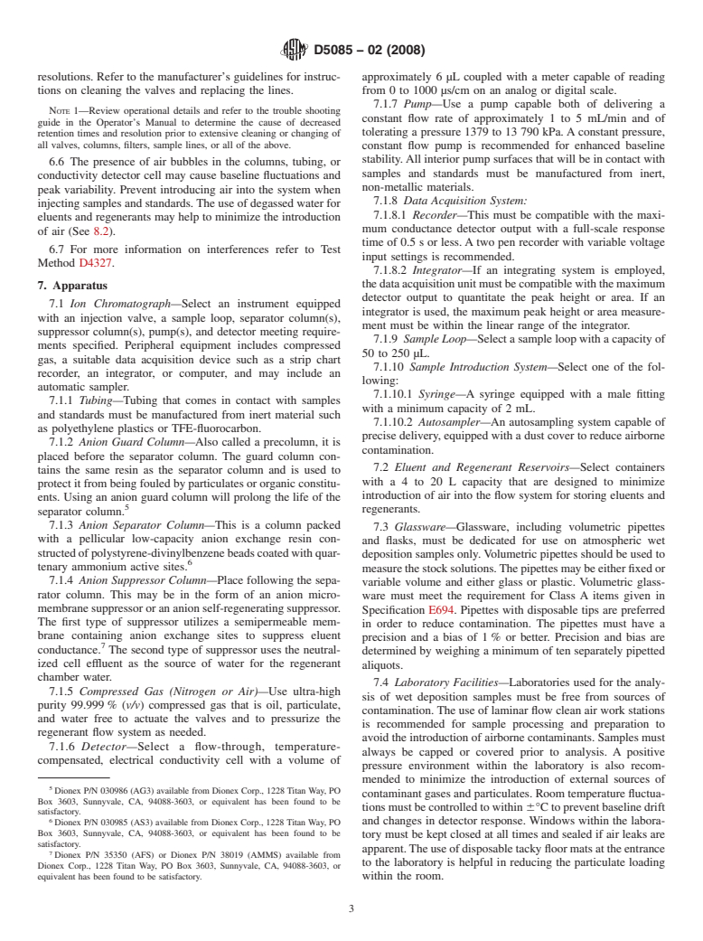 ASTM D5085-02(2008) - Standard Test Method for Determination of Chloride, Nitrate, and Sulfate in Atmospheric Wet Deposition by Chemically Suppressed Ion Chromatography