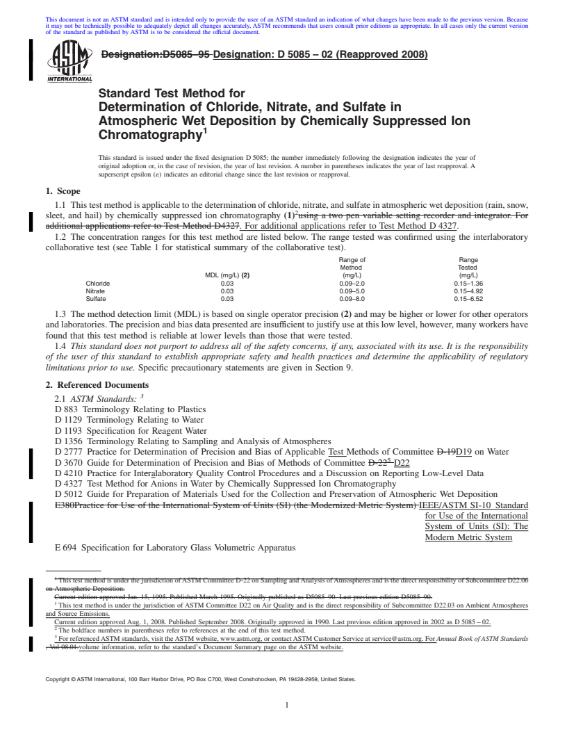 REDLINE ASTM D5085-02(2008) - Standard Test Method for Determination of Chloride, Nitrate, and Sulfate in Atmospheric Wet Deposition by Chemically Suppressed Ion Chromatography