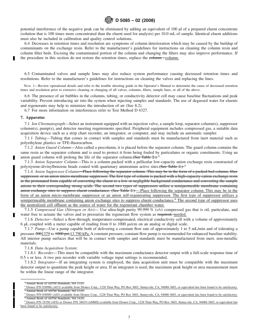 REDLINE ASTM D5085-02(2008) - Standard Test Method for Determination of Chloride, Nitrate, and Sulfate in Atmospheric Wet Deposition by Chemically Suppressed Ion Chromatography