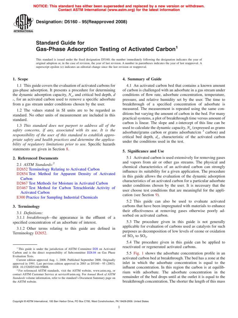 ASTM D5160-95(2008) - Standard Guide for Gas-Phase Adsorption Testing of Activated Carbon