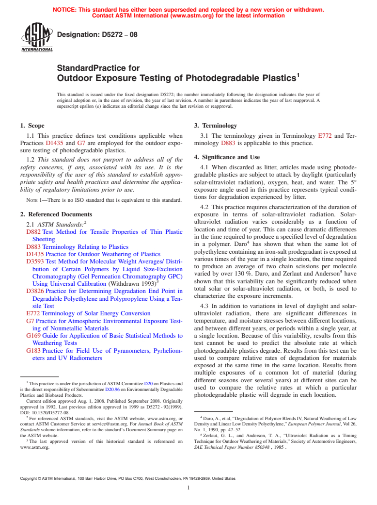 ASTM D5272-08 - Standard Practice for Outdoor Exposure Testing of Photodegradable Plastics