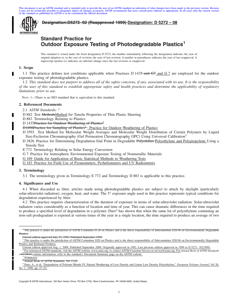 REDLINE ASTM D5272-08 - Standard Practice for Outdoor Exposure Testing of Photodegradable Plastics