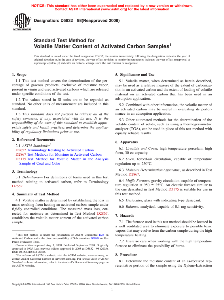 ASTM D5832-98(2008) - Standard Test Method for  Volatile Matter Content of Activated Carbon Samples