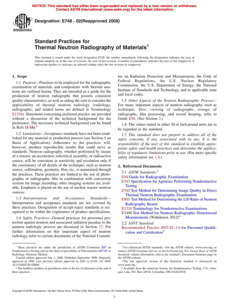 ASTM E748-02(2008) - Standard Practices for  Thermal Neutron Radiography of Materials