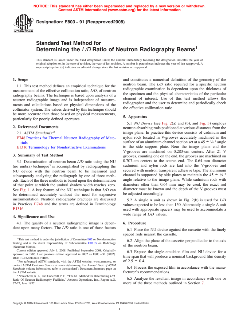 ASTM E803-91(2008) - Standard Test Method for  Determining the <span class="italic">L/D </span>Ratio of Neutron Radiography Beams