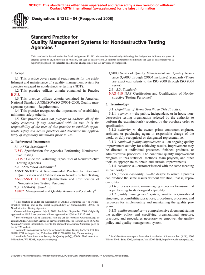 ASTM E1212-04(2008) - Standard Practice for Quality Management Systems for Nondestructive Testing Agencies