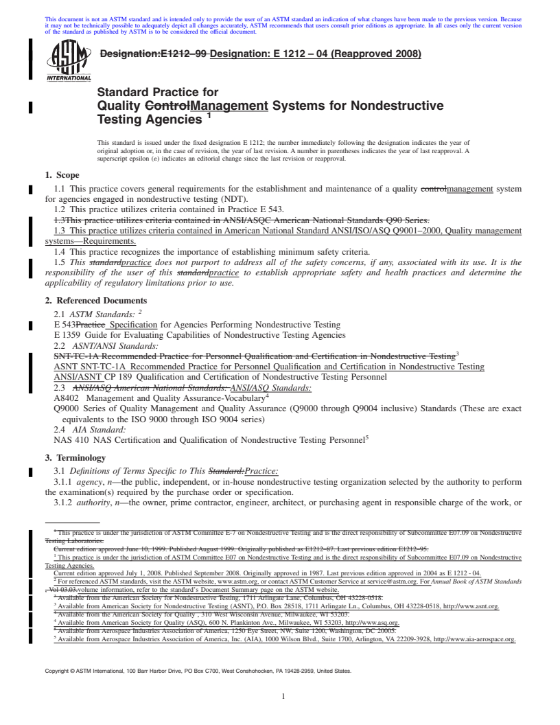 REDLINE ASTM E1212-04(2008) - Standard Practice for Quality Management Systems for Nondestructive Testing Agencies