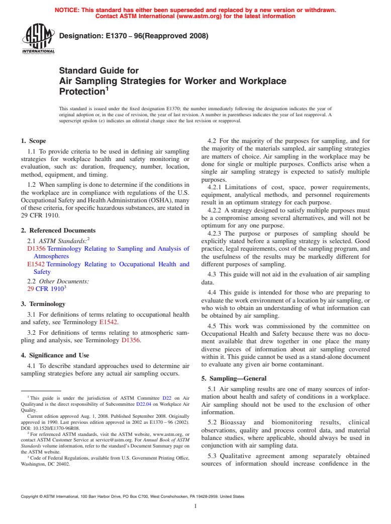 ASTM E1370-96(2008) - Standard Guide for Air Sampling Strategies for Worker and Workplace Protection