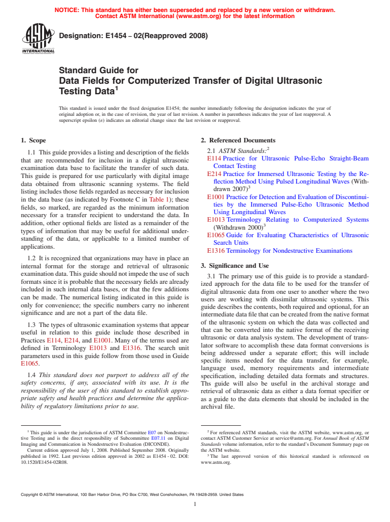 ASTM E1454-02(2008) - Standard Guide for Data Fields for Computerized Transfer of Digital Ultrasonic Testing Data (Withdrawn 2013)