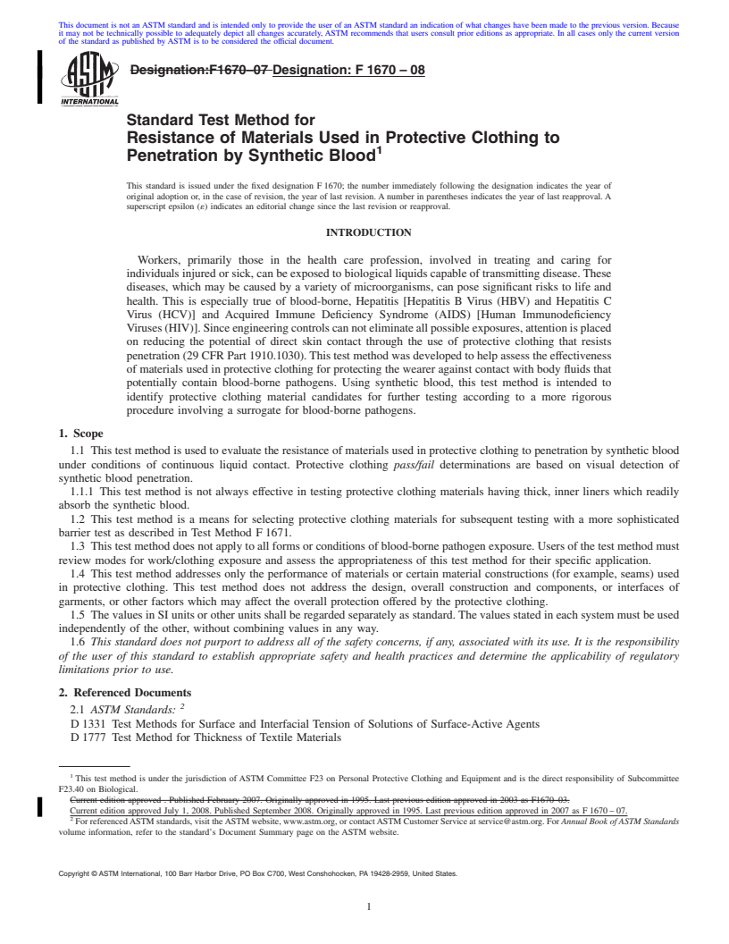 REDLINE ASTM F1670-08 - Standard Test Method for Resistance of Materials Used in Protective Clothing to Penetration by Synthetic Blood