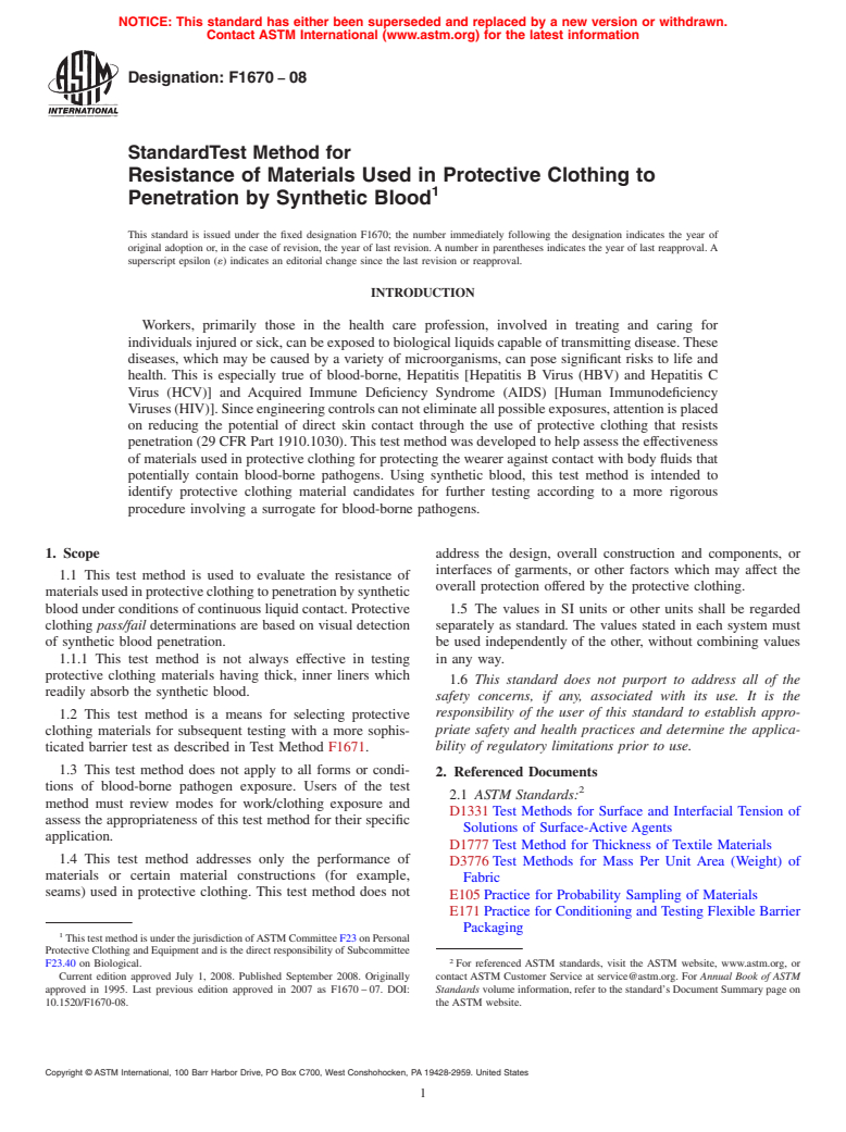 ASTM F1670-08 - Standard Test Method for Resistance of Materials Used in Protective Clothing to Penetration by Synthetic Blood