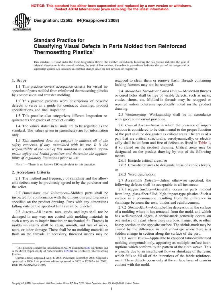 ASTM D2562-94(2008) - Standard Practice for  Classifying Visual Defects in Parts Molded from Reinforced Thermosetting Plastics