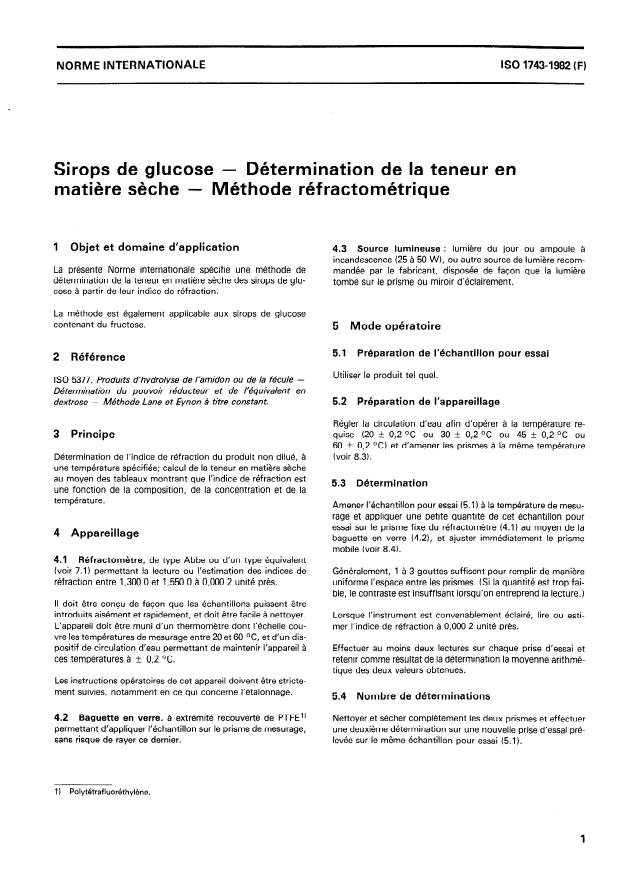 ISO 1743:1982 - Sirops de glucose -- Détermination de la teneur en matiere seche -- Méthode réfractométrique