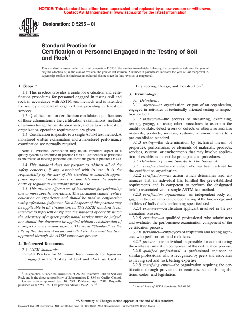 ASTM D5255-01 - Standard Practice for Certification of Personnel Engaged in the Testing of Soil and Rock