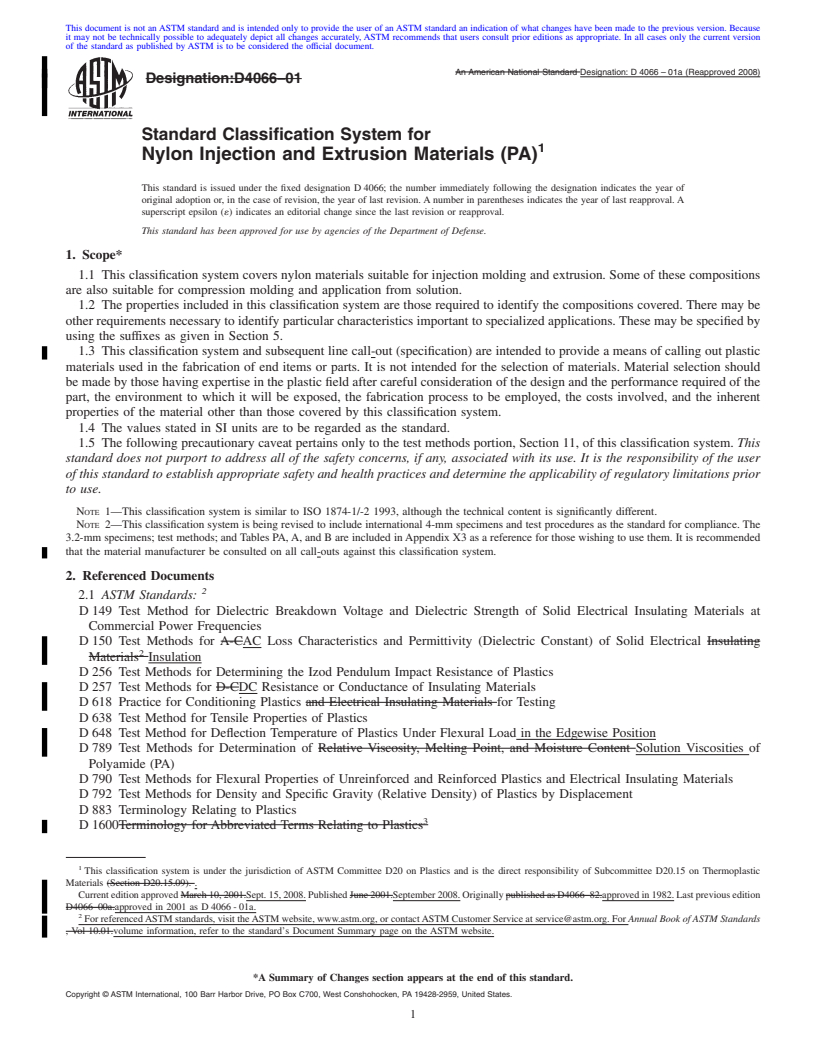 REDLINE ASTM D4066-01a(2008) - Standard Classification System for Nylon Injection and Extrusion Materials (PA) (Withdrawn 2012)