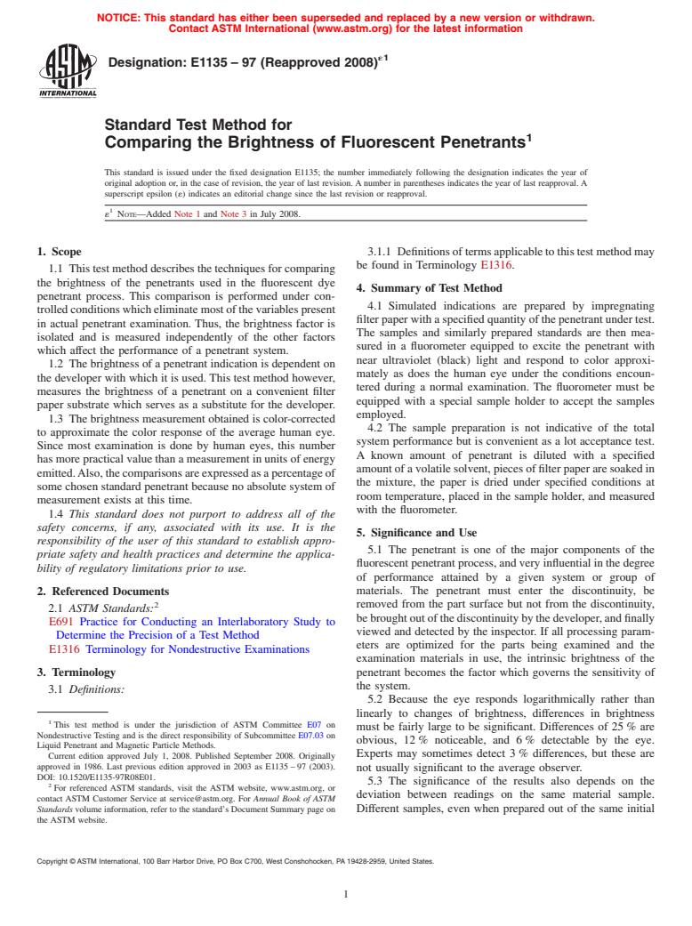 ASTM E1135-97(2008)e1 - Standard Test Method for Comparing the Brightness of Fluorescent Penetrants