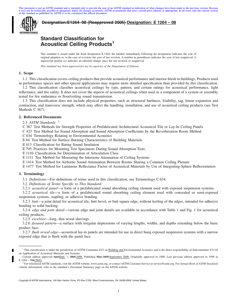 REDLINE ASTM E1264-08 - Standard Classification for  Acoustical Ceiling Products