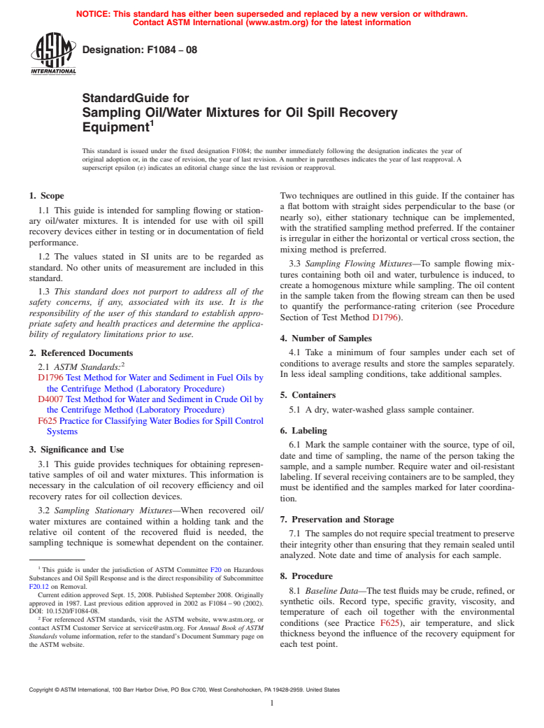 ASTM F1084-08 - Standard Guide for Sampling Oil/Water Mixtures for Oil Spill Recovery Equipment