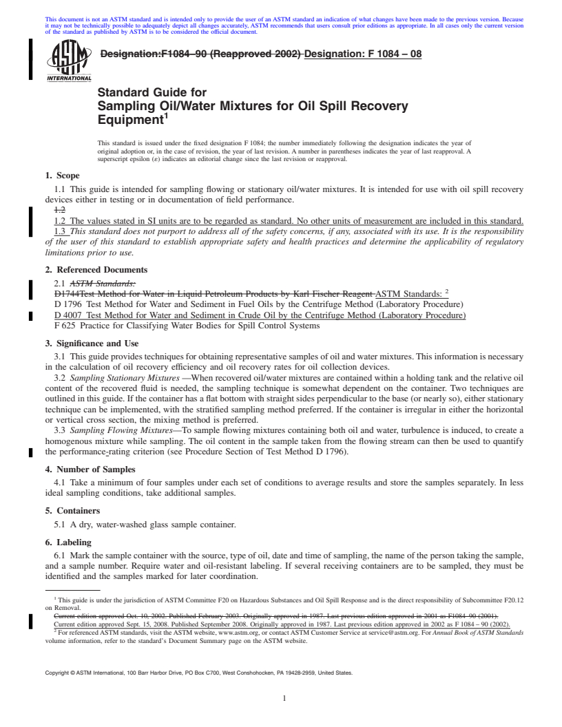 REDLINE ASTM F1084-08 - Standard Guide for Sampling Oil/Water Mixtures for Oil Spill Recovery Equipment