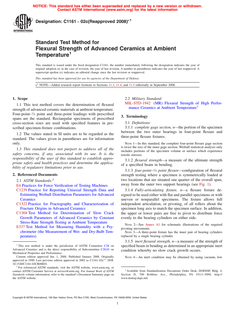 ASTM C1161-02c(2008)e1 - Standard Test Method for Flexural Strength of Advanced Ceramics at Ambient Temperature