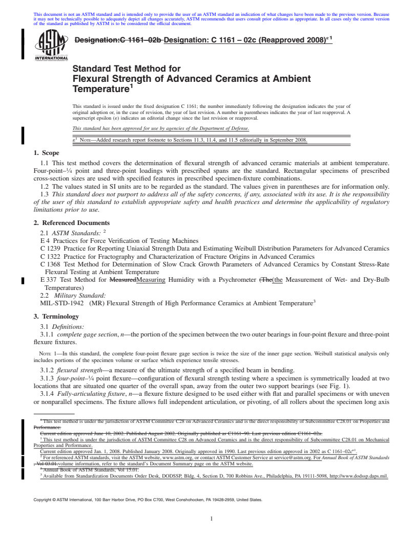 REDLINE ASTM C1161-02c(2008)e1 - Standard Test Method for Flexural Strength of Advanced Ceramics at Ambient Temperature