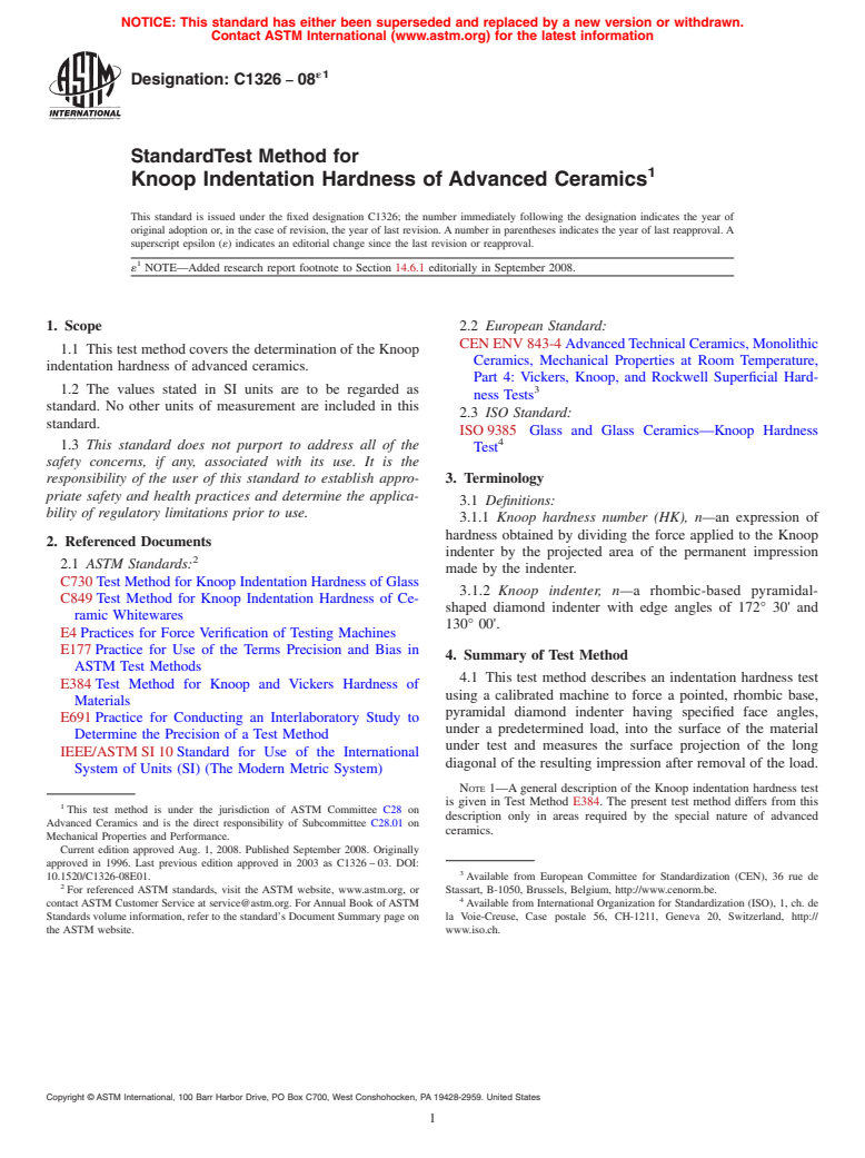 ASTM C1326-08e1 - Standard Test Method for  Knoop Indentation Hardness of Advanced Ceramics