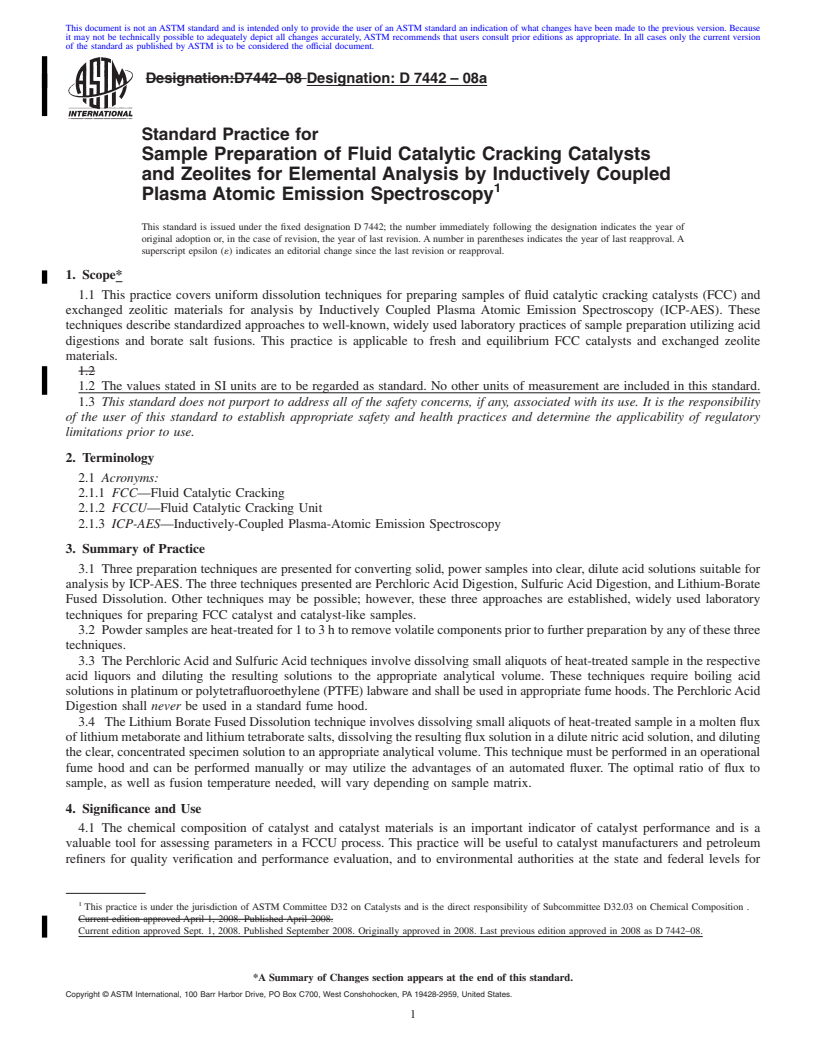 REDLINE ASTM D7442-08a - Standard Practice for Sample Preparation of Fluid Catalytic Cracking Catalysts and Zeolites  for Elemental Analysis by Inductively Coupled Plasma Atomic Emission Spectroscopy