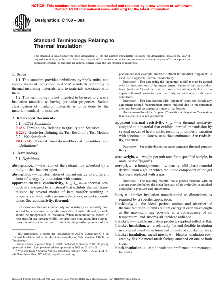 ASTM C168-08a - Standard Terminology Relating to Thermal Insulation