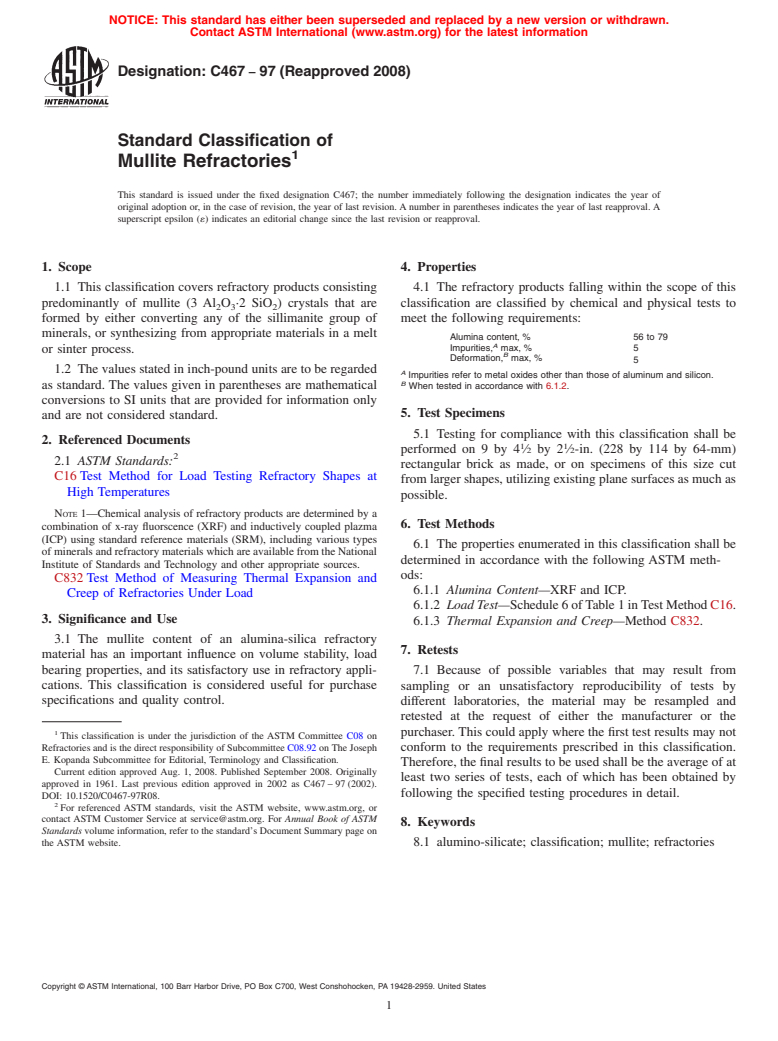 ASTM C467-97(2008) - Standard Classification of  Mullite Refractories