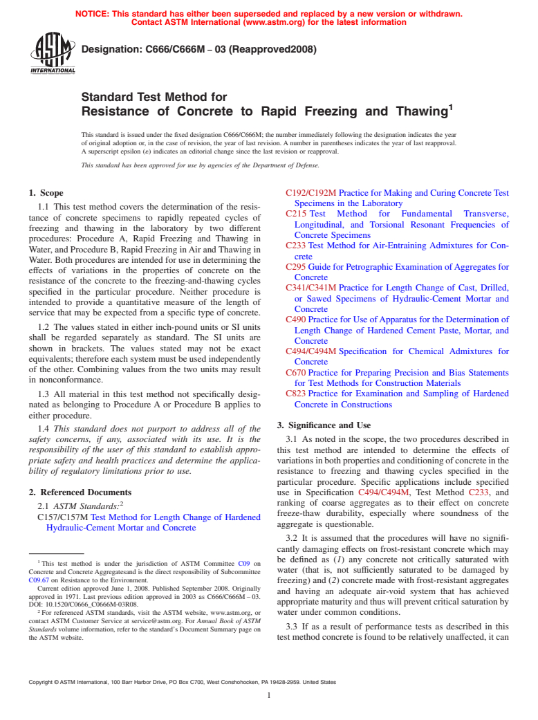 ASTM C666/C666M-03(2008) - Standard Test Method for Resistance of Concrete to Rapid Freezing and Thawing