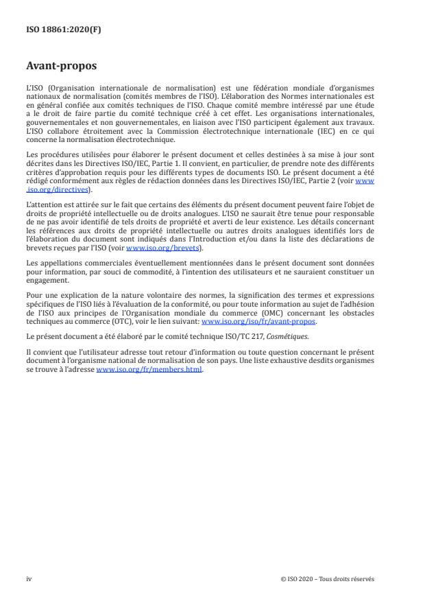 ISO 18861:2020 ISO 18861:2020 - Cosmétiques -- Méthodes d’essai de protection solaire -- Pourcentage de résistance à l’eau - Page 4 preview